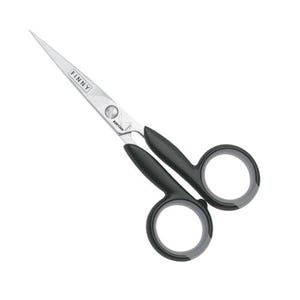 May include: A pair of scissors with the word "FINNY" printed on the blade. The scissors have a silver blade and black handles with gray accents. The scissors are designed for precision cutting.