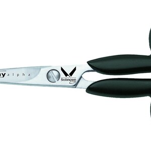 May include: A pair of black handled scissors with blue rings on the handles. The blades are stainless steel and have the text "Finny Alpha Solingen" on them.