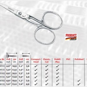 Puede incluir: Una tabla que muestra las especificaciones de un juego de tijeras de acero inoxidable. La tabla incluye el n&uacute;mero de art&iacute;culo, el n&uacute;mero antiguo, el tama&ntilde;o en pulgadas y cent&iacute;metros, y caracter&iacute;sticas como acero compacto, corte cl&aacute;sico, stabil plus, PVC, pulido, n&iacute;quel y cromo. Las tijeras se muestran en la esquina superior izquierda de la imagen.