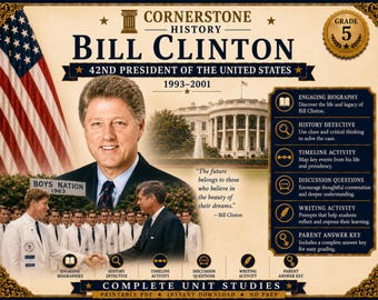 Homeschool History | Bill Clinton Unit Study | US Presidents Printable PDF | Grade 5 | Detective Activity