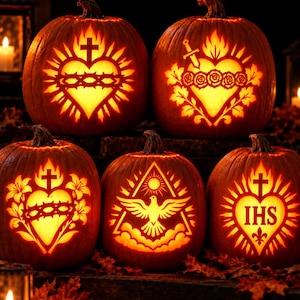 May include: Five orange pumpkins carved with glowing religious symbols. The designs include the Sacred Heart with a cross and crown of thorns, the Immaculate Heart with a sword and roses, a dove within a triangle, and a heart with the letters IHS.