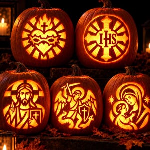May include: Five orange pumpkins carved with religious imagery. The top row features the Sacred Heart and the IHS monogram. The bottom row displays Jesus Christ, Saint Michael the Archangel with a sword and shield, and the Virgin Mary with the infant Jesus.