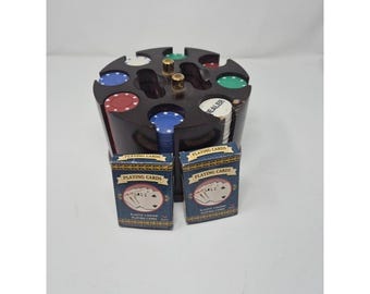 Vintage 1999 Cardinal Wood Poker Chip Caddy Carousel with 2  Card Decks