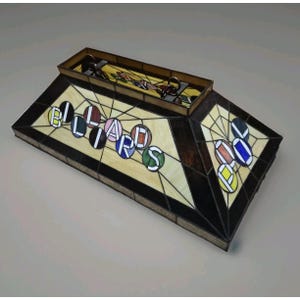 May include: A rectangular stained glass billiard lamp featuring a cream-colored background with black geometric borders. The word BILLIARDS is spelled out across the glass using colorful, circular pool ball designs. A metal frame holds the glass panels.