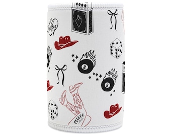Retro Lucky Tattoo Pattern Stubby Cooler | Cowboy Boots Hats Dice Flame Records