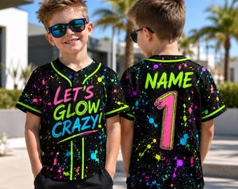 Personalized Glow Crazy Baseball Jersey, Neon Birthday Party Shirt, Kids Black Light Outfit