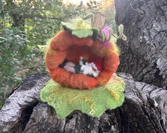 hollow pumpkin with sleeping gnome: small felted pumpkin decor