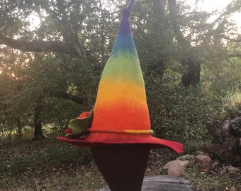 Felted Rainbow Witch Hat, Merino Wool Costume Hat