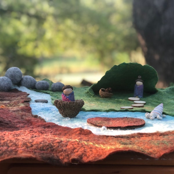round felted playscape, felted playmat with creek and lake, boulders, cave for your Waldorf Nature Table, gnome land,