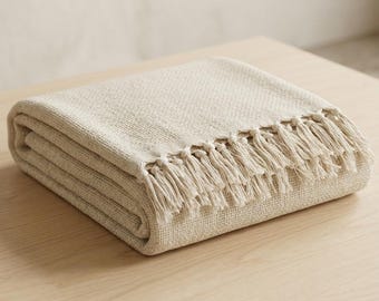 Turkish Throw Blanket | Beige Cotton Woven with Fringe | Boho Home Decor Throw