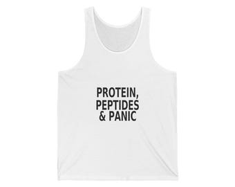 Funny Gym Tank Top for Women | Protein Peptides and Panic Shirt | Female Lifter Supplement Humor Workout Top