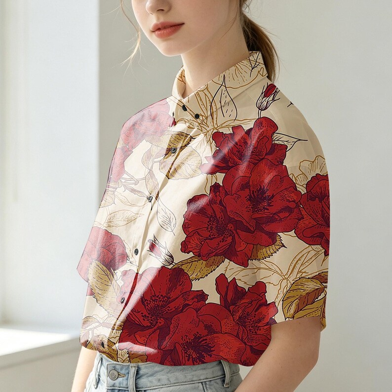 Large Red Button Clicker 70s Retro Red Floral Shirt Japanese Retro Button Down Shirt and Shorts ...
