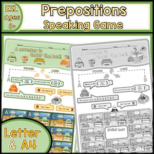 May include: An educational ESL Prepositions Speaking Game worksheet set for ages 8 and up. The sheets feature text, illustrations of monsters, beds, boxes, and tables, and a grid of rooms labeled A through H for practicing English grammar.