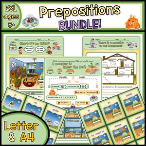 May include: An educational ESL prepositions bundle featuring multiple worksheets and flashcards with colorful illustrations of monsters, aliens, and household items. The text includes titles like Prepositions BUNDLE, Where are my things, and A monster is under the bed, with Letter and A4 size labels.
