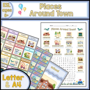 May include: An educational ESL worksheet set titled Places Around Town for ages 8 and up. The materials include colorful flashcards featuring illustrations of buildings like schools, hospitals, and restaurants, alongside a word search activity sheet.
