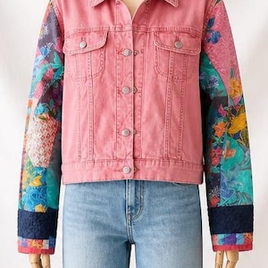Upcycled denim jacket with quilted sleeves