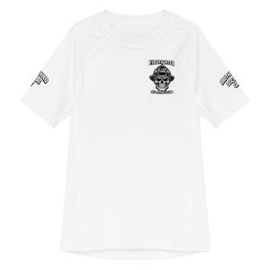 May include: A white short-sleeve athletic shirt featuring a graphic on the chest of a skull wearing a firefighter helmet with the text FIREFIGHTER JIU-JITSU CLUB. The sleeves display the text BROTHERHOOD DISCIPLINE GRIT in a black font.