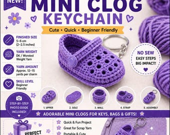 Gehaakte mini-klompje Sleutelhangerpatroon No Sew Schoenbedel pdf Leuke tas Cadeau voor haar Amigurumischoen video-tutorial
