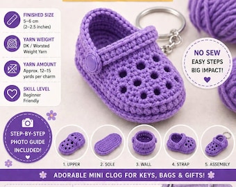 Crochet Mini clog Keychain Pattern No Sew Shoe Charm PDF Cute Bag Gift for Her Amigurumi Shoe video Tutorial