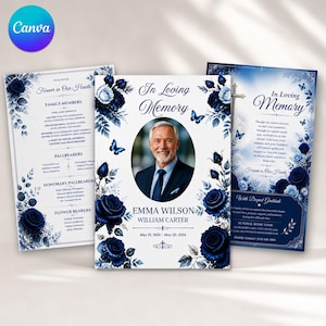 May include: A funeral program set featuring dark blue roses and butterflies. The center card displays a portrait of a man, the text In Loving Memory, Emma Wilson, William Carter, and the dates May 15, 1950 - May 20, 2024, with a cross icon.