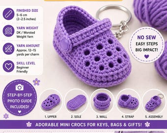 Crochet Mini Crocs Keychain Pattern No Sew Shoe Charm PDF Cute Bag Gift for Her Amigurumi Shoe Tutorial