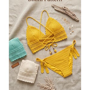 May include: A yellow crochet two-piece bikini set with a lace-up top and tie-side bottoms, accompanied by a mint green and a cream crochet top, with text reading Sunny Yellow Two-Piece Bikini Pattern and Instant PDF Download.