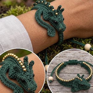 May include: A dark green crocheted dragon bracelet featuring a series of small metallic gold beads along the spine and head. The bracelet has black bead eyes and adjustable cords finished with light-colored wooden beads at the ends.