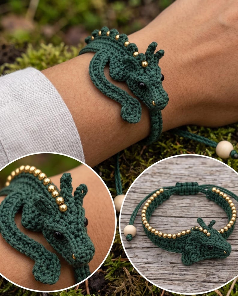 May include: A dark green crocheted dragon bracelet featuring a series of small metallic gold beads along the spine and head. The bracelet has black bead eyes and adjustable cords finished with light-colored wooden beads at the ends.