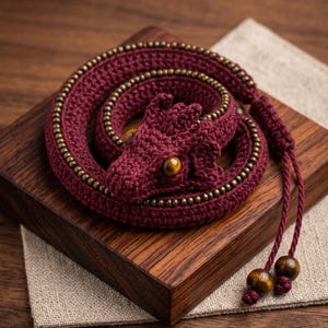 May include: A coiled, dark maroon crochet dragon figurine featuring a row of small metallic beads along its back. The creature has two round, amber-colored eyes and ends in two dangling cords, each finished with a polished wooden bead at the tip.