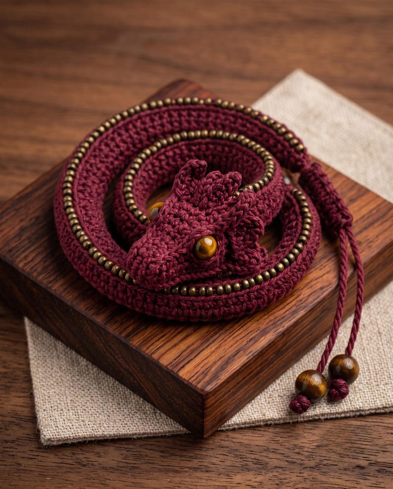 May include: A coiled, dark maroon crochet dragon figurine featuring a row of small metallic beads along its back. The creature has two round, amber-colored eyes and ends in two dangling cords, each finished with a polished wooden bead at the tip.