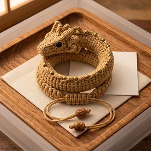 May include: A tan crocheted dragon bracelet featuring a detailed head with a black eye, a coiled body adorned with small metallic beads along the spine, and an adjustable cord closure finished with two wooden beads at the ends of the pull strings.