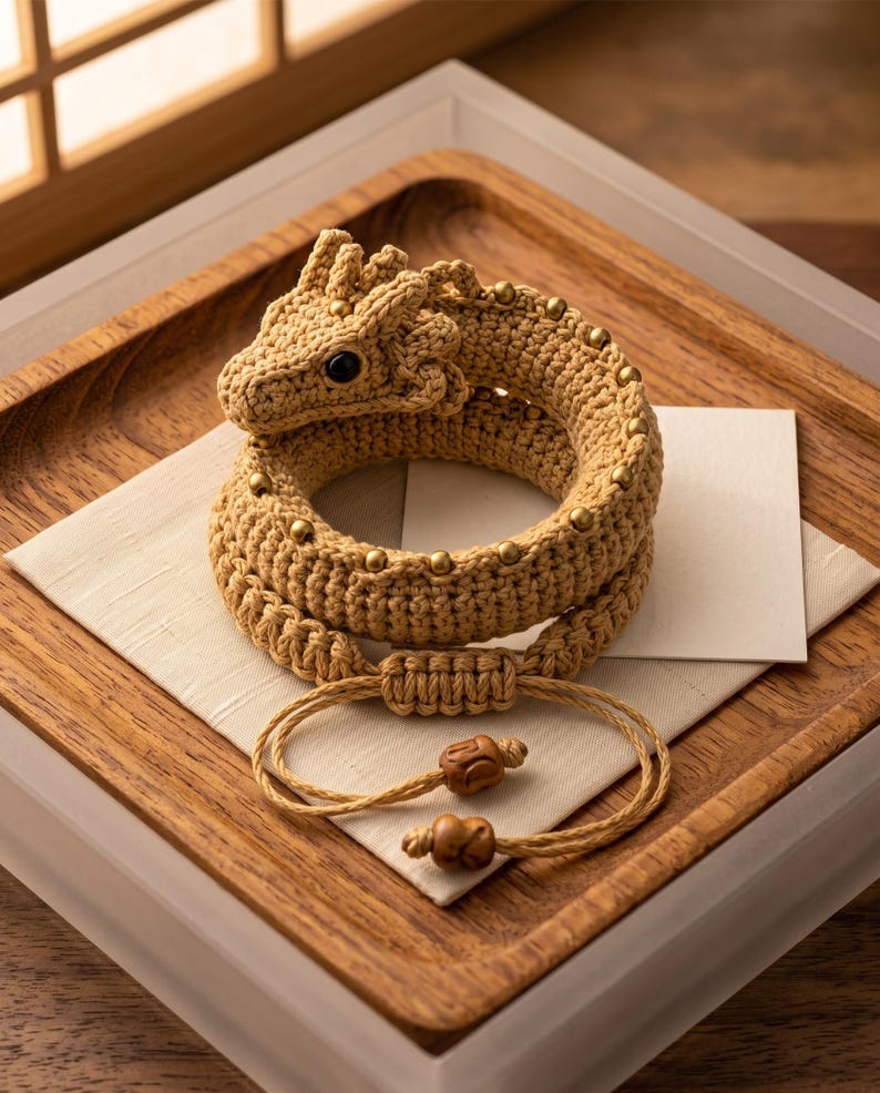 May include: A tan crocheted dragon bracelet featuring a detailed head with a black eye, a coiled body adorned with small metallic beads along the spine, and an adjustable cord closure finished with two wooden beads at the ends of the pull strings.