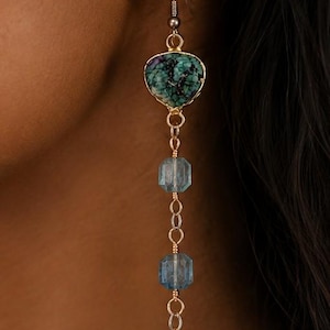 Handmade Ruby in Fuchsite Earrings with Fluorite Kyanite | Long Gemstone Dangle Jewelry