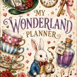 Può includere: Una copertina per agenda intitolata MY WONDERLAND PLANNER con un cilindro verde, un orologio da taschino dorato, una chiave, tre tazze da tè impilate, un coniglio bianco in giacca blu, una boccetta viola con etichetta DRINK ME, carte e rose.