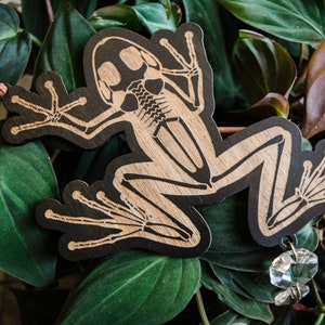 May include: A wooden frog ornament with a detailed skeleton design, painted black with a light wood grain showing through. The ornament is hanging from a black cord with a dark blue bead. A clear crystal prism hangs from the frog's foot.