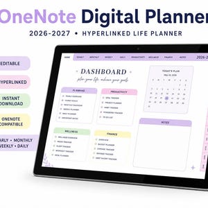 May include: A digital tablet displaying a OneNote Digital Planner for 2026-2027 with a dashboard interface. The screen shows sections for planning, productivity, wellness, and finance, alongside a calendar, notes area, and side navigation tabs.