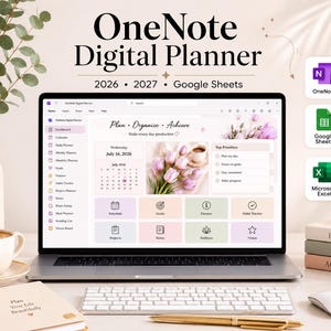 Könnte beinhalten: Ein Laptop-Bildschirm zeigt einen digitalen OneNote-Planer für 2026 und 2027 mit einem Dashboard, Kalender, Aufgabenlisten sowie Symbolen für Google Sheets und Microsoft Excel. Der Text Plan, Organize, Achieve ist auf dem Bildschirm zu sehen.