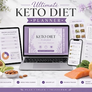 May include: A digital keto diet planner displayed on a laptop, tablet, and smartphone. The screens show a macro calculator, weekly meal plan, grocery list, and progress tracker. The planner cover features the text Ultimate KETO DIET PLANNER.