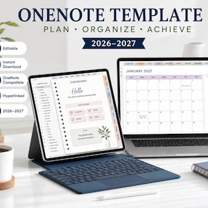 May include: A digital OneNote template for 2026-2027 displayed on a tablet and laptop screen. The interface features a dashboard with a calendar, quick actions, and a focus section. Text includes ONENOTE TEMPLATE, PLAN, ORGANIZE, ACHIEVE, and JANUARY 2027.