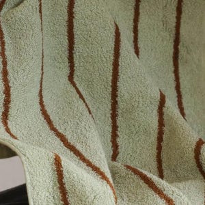 Op de afbeelding: Een zachte, getextureerde handdoek met een licht saliegroene basiskleur en verticale strepen in een diepe roestbruine tint. De stof heeft een luspoolconstructie, wat zorgt voor een pluche, absorberend oppervlak met duidelijke, lineaire patronen.
