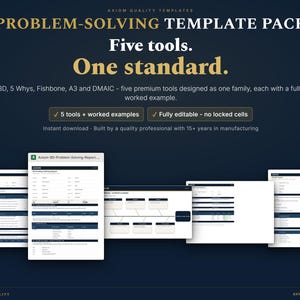 May include: A digital problem-solving template pack featuring five tools: 8D, 5 Whys, Fishbone, A3, and DMAIC. The dark blue graphic displays the text: AXIOM QUALITY TEMPLATES, Problem-Solving Template Pack, Five tools. One standard, and 5 tools + worked examples.