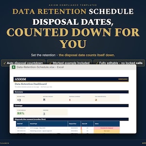 Puede incluir: Una plantilla digital de calendario de retención de datos para Excel con fondo azul oscuro y texto dorado. El panel muestra un resumen de tipos de registros, fechas de eliminación y porcentajes de cobertura con cuenta atrás.