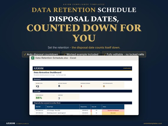 Data Retention Schedule & Disposal Tracker Excel | GDPR Storage Limitation (Digital Download)
