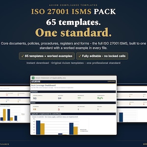 以下が含まれることがあります： ISO 27001 ISMS PACKというタイトルの65個のテンプレートを含むデジタル製品パック。濃い青色のグラフィックには、65 templates、One standard、fully editableなどのテキストが表示され、グラフやデータを含む3つのスプレッドシートダッシュボードのプレビューが並んでいます。