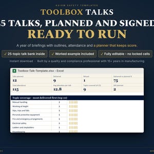 以下が含まれることがあります： Toolbox Talks 25 Talks, Planned and Signed, Ready to Runというタイトルのデジタルスプレッドシートテンプレート。このドキュメントには、プレゼンテーション、出席状況、トピックの範囲を追跡するためのセクションが含まれており、計画されたトークと実施されたトークの列を持つ表が表示されています。