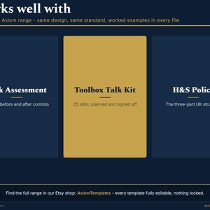 Peut inclure: Un graphique bleu fonc&eacute; intitul&eacute; Works well with, pr&eacute;sentant trois panneaux verticaux. Le panneau de gauche indique Risk Assessment, le panneau central dor&eacute; indique Toolbox Talk Kit, et le panneau de droite indique H&S Policy, avec du texte descriptif.