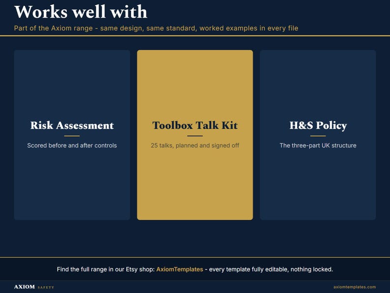 Peut inclure: Un graphique bleu fonc&eacute; intitul&eacute; Works well with, pr&eacute;sentant trois panneaux verticaux. Le panneau de gauche indique Risk Assessment, le panneau central dor&eacute; indique Toolbox Talk Kit, et le panneau de droite indique H&S Policy, avec du texte descriptif.