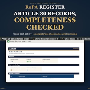 RoPA Register Excel | GDPR Article 30 Records of Processing, Completeness Check (Digital Download)