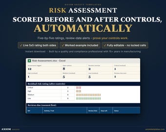 Modèle Excel d'évaluation des risques | Registre des dangers au travail, matrice 5x5, formulaire (téléchargement numérique)