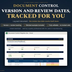 Registre de contrôle des documents Excel | Liste principale des documents, suivi des versions et des révisions (Téléchargement numérique)